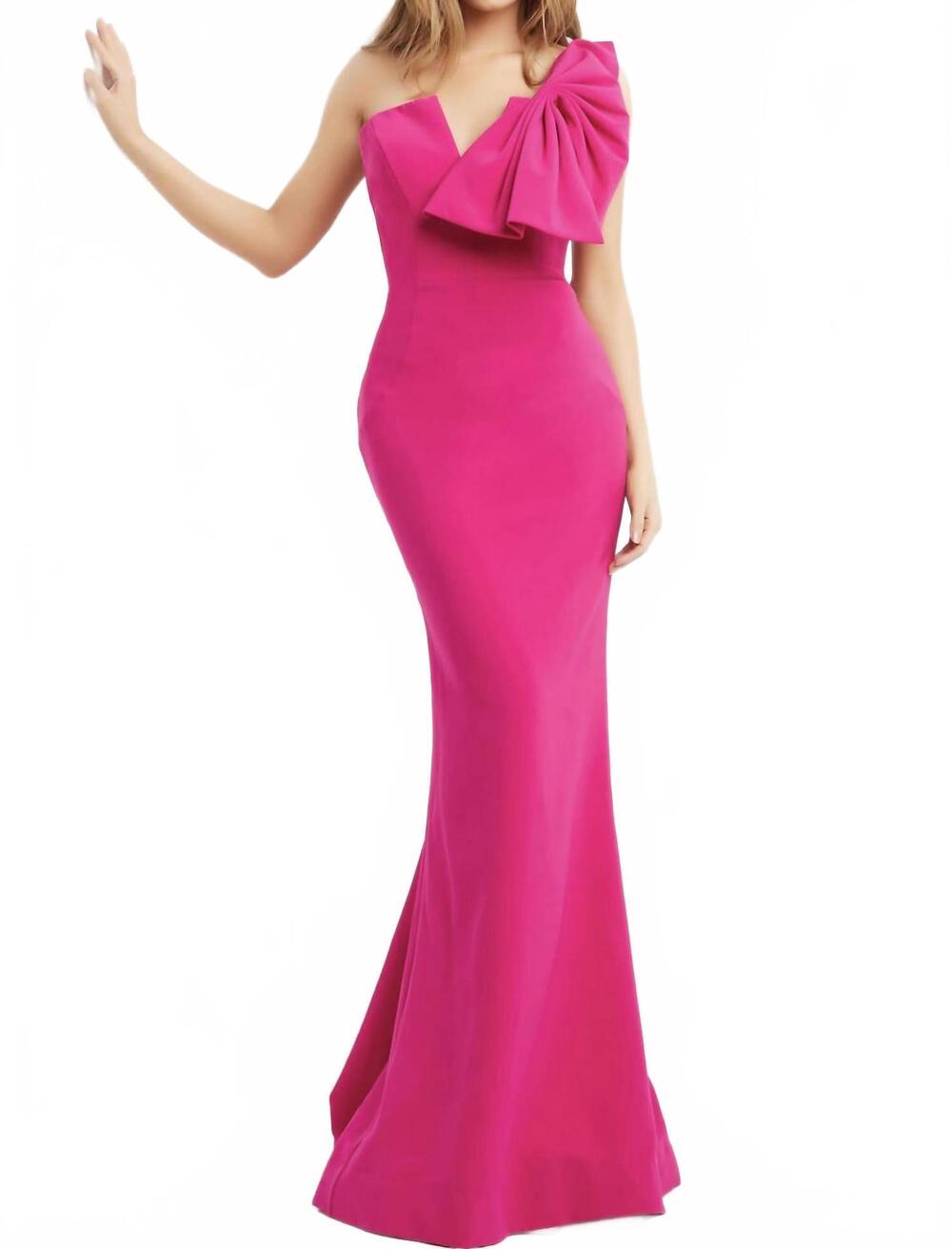 NEW JOVANI one-shoulder bow satin mermaid evening gown in fuchsia